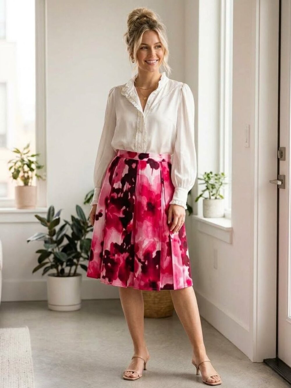 Calvin Klein Pink  Rose Watercolor Pleated Linen Skirt